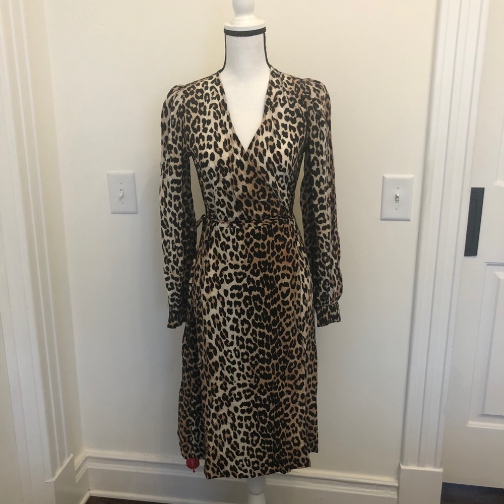 Ganni Intermix Leopard Print Silk Wrap Dress NWT